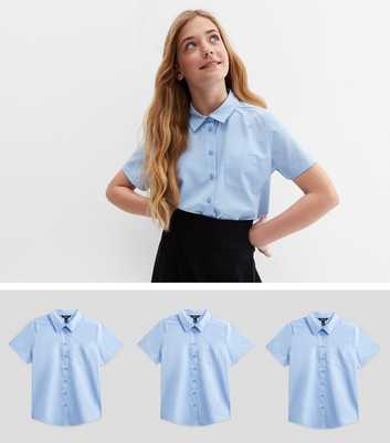 Girls 3 Pack Pale Blue Short Sleeve Collared Easy Care School Shirts