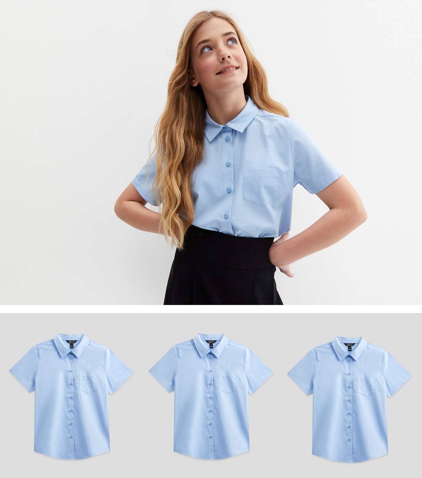 Girls 3 Pack Pale Blue Short Sleeve Collared Easy Care School Shirts
