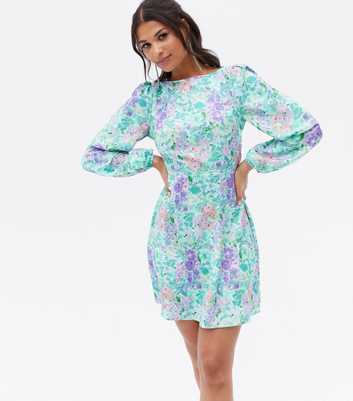 Little Mistress Green Floral Puff Sleeve Tie Back Mini Dress