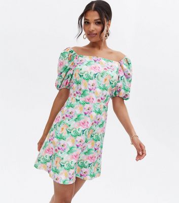 Little Mistress Green Floral Bardot Mini Dress
