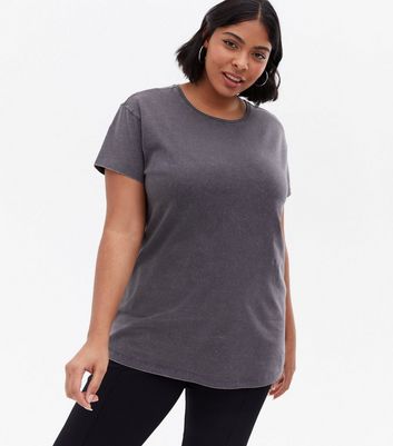 Curves Dark Grey Acid Wash Oversized T Shirt New Look