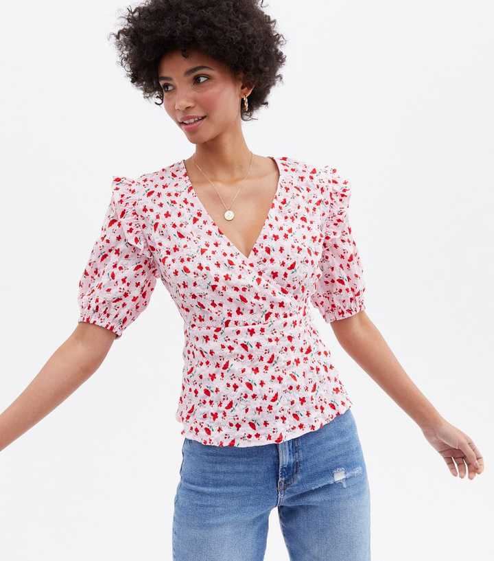 Pink Ditsy Floral Peplum Wrap Blouse