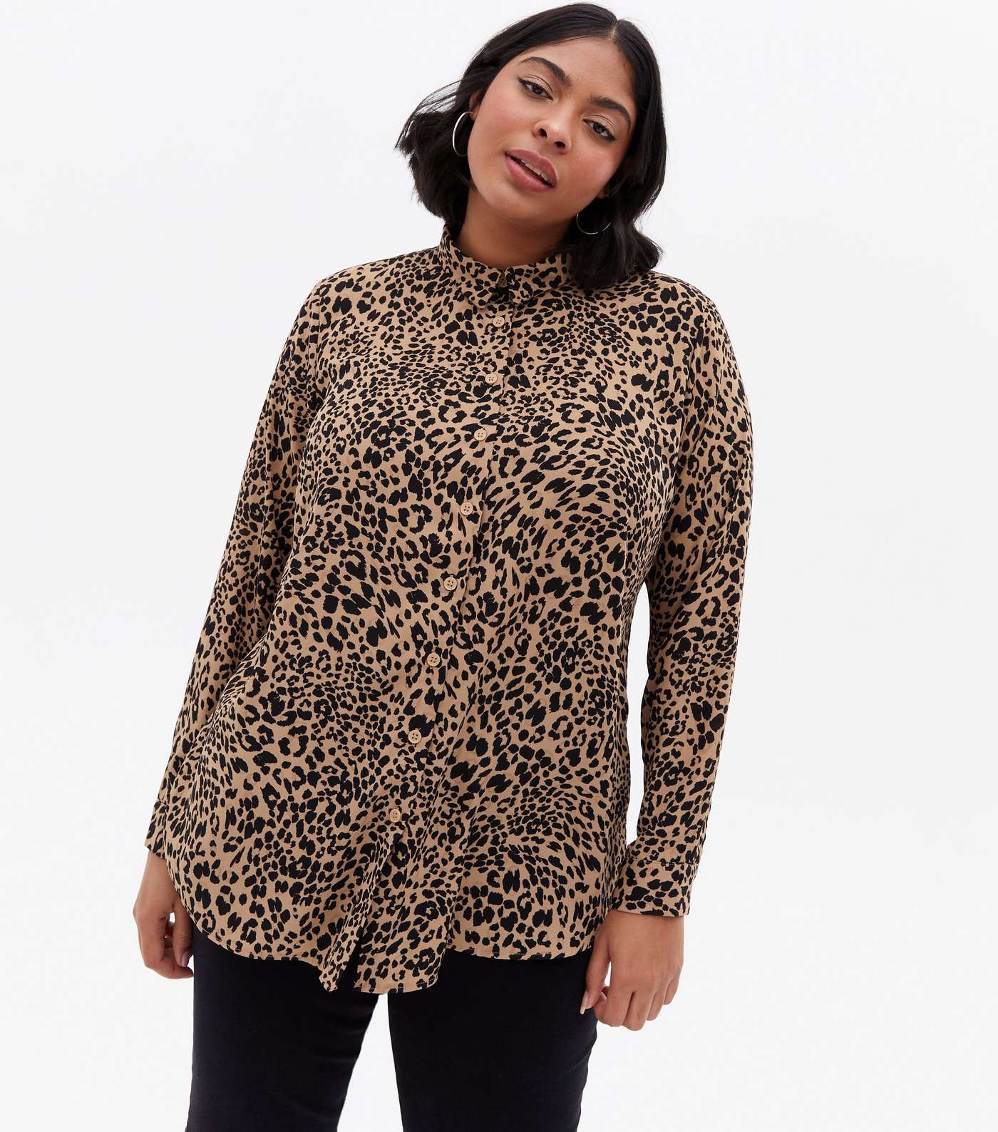 Curves Brown Leopard Print Collared Shirt