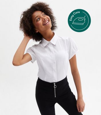 White puff sleeve button up online shirt