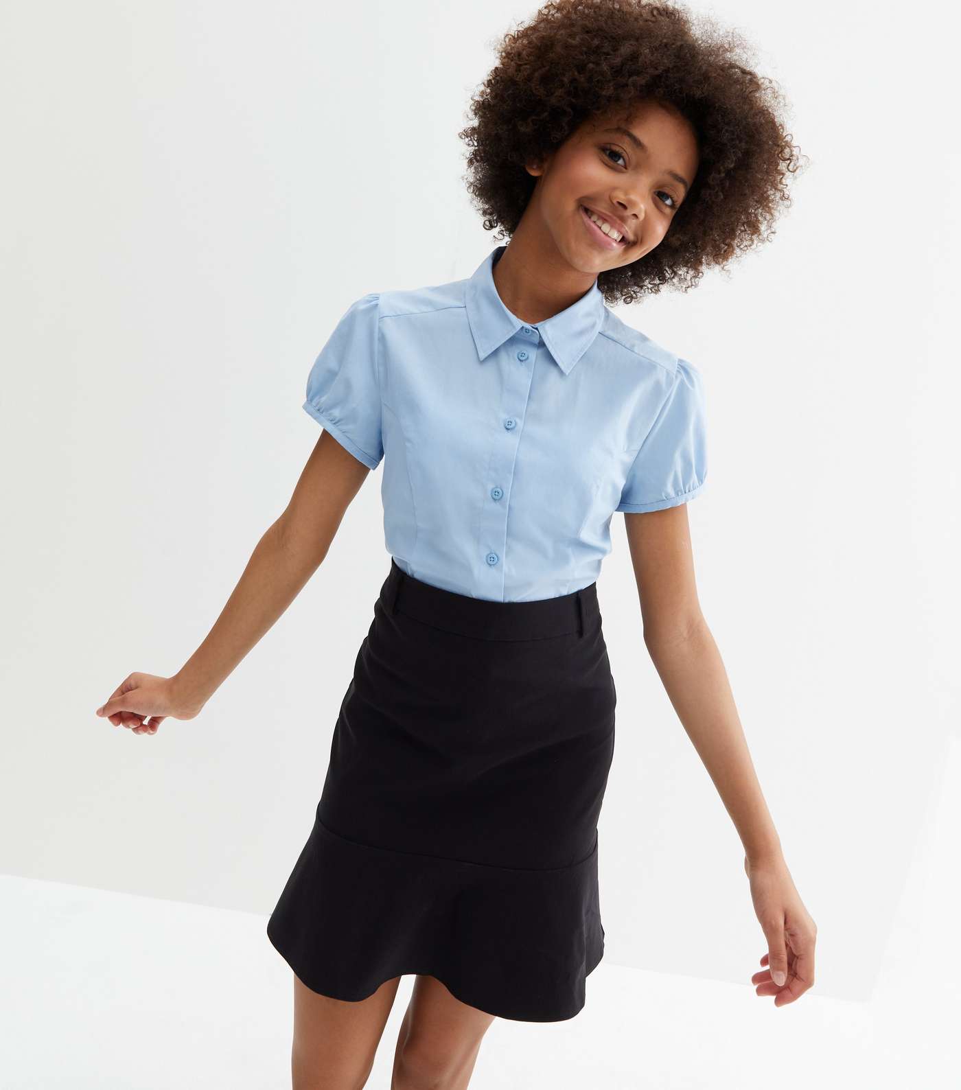 Girls Pale Blue Puff Sleeve Slim Fit Easy Care School Shirt