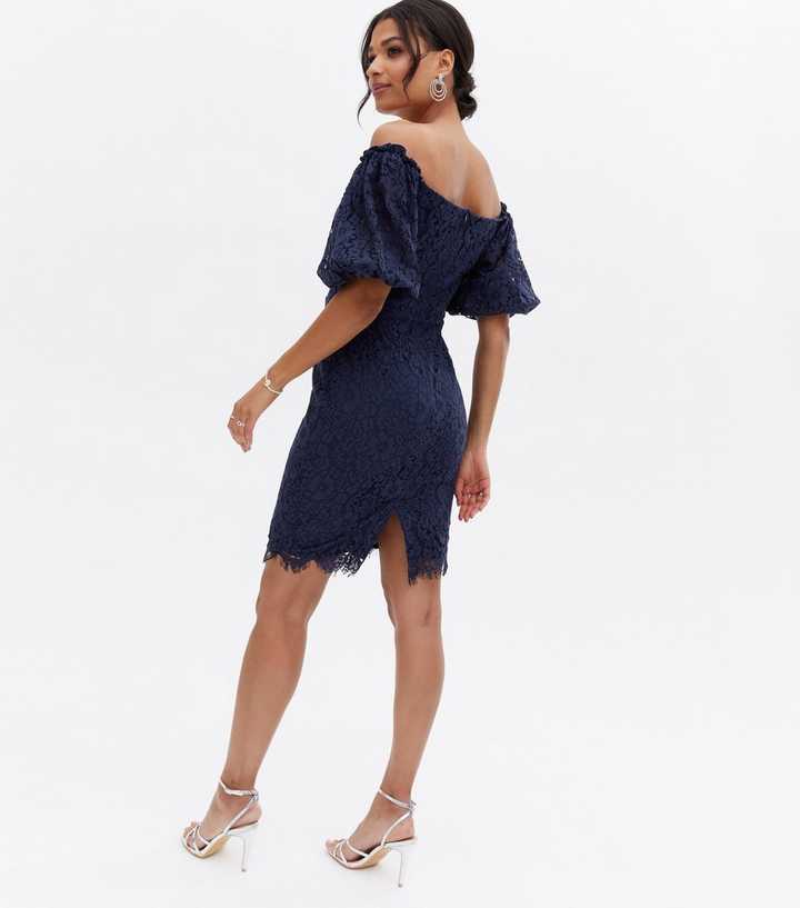 knee length dresses for ladies Navy Lace Bardot Midi Dress – AX Paris