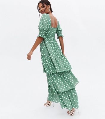 Little Mistress Green Spot Sweetheart Tiered Maxi Dress New Look