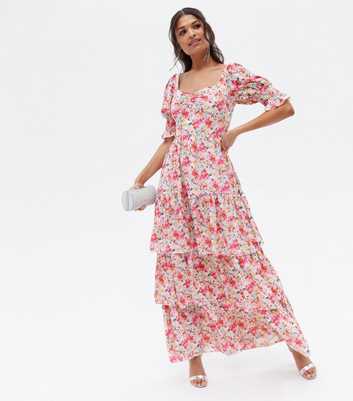 Little Mistress Pink Floral Sweetheart Tiered Maxi Dress