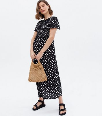 Maternity Black Spot Shirred Double Nursing Midi Smock Dress New Look