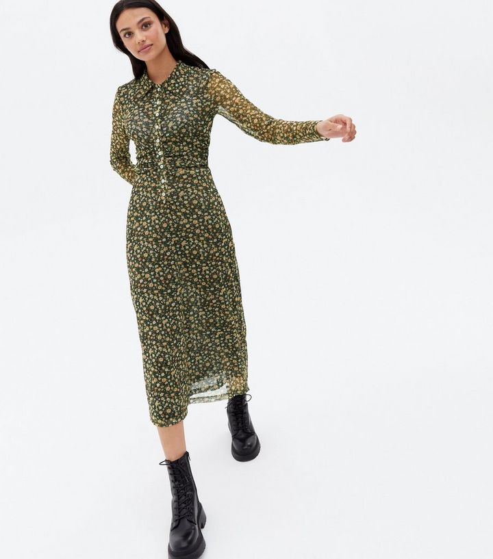 ONLY Black Floral Mesh Collared Long Sleeve Midi Dress | New Look