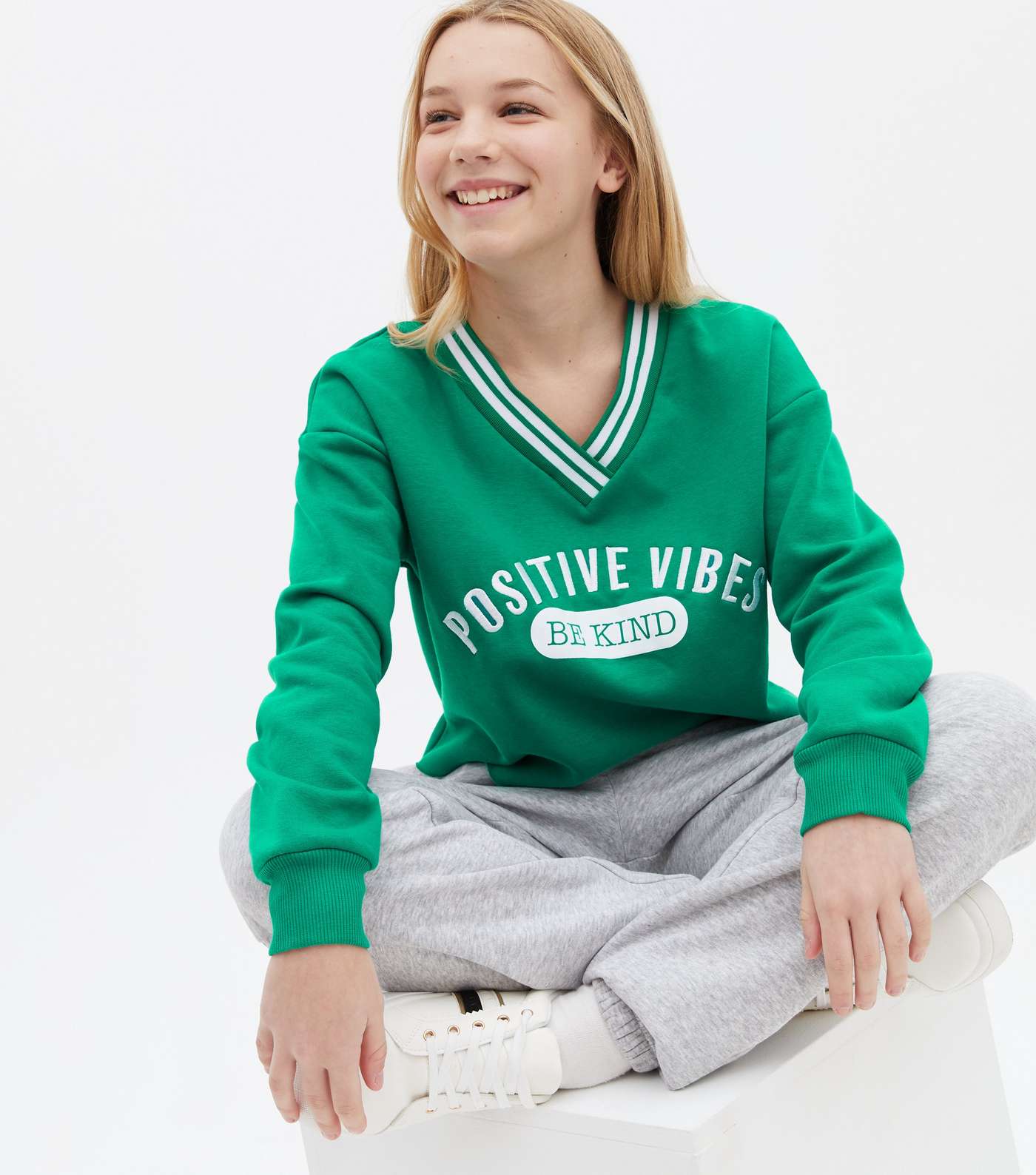 Girls Green V Neck Positive Vibes Logo Sweatshirt Image 2