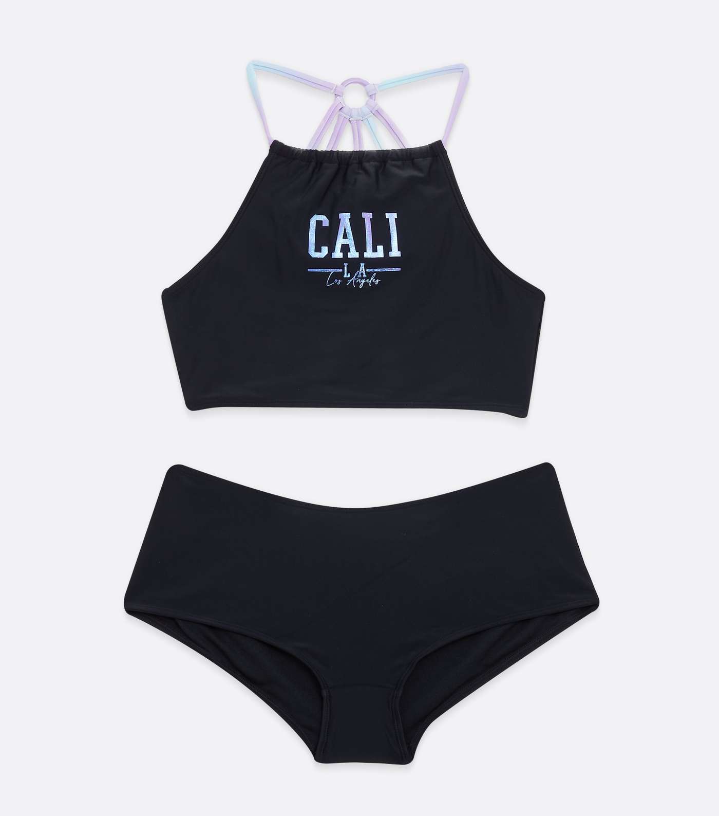 Girls Black Metallic Cali Logo Halter Bikini Set