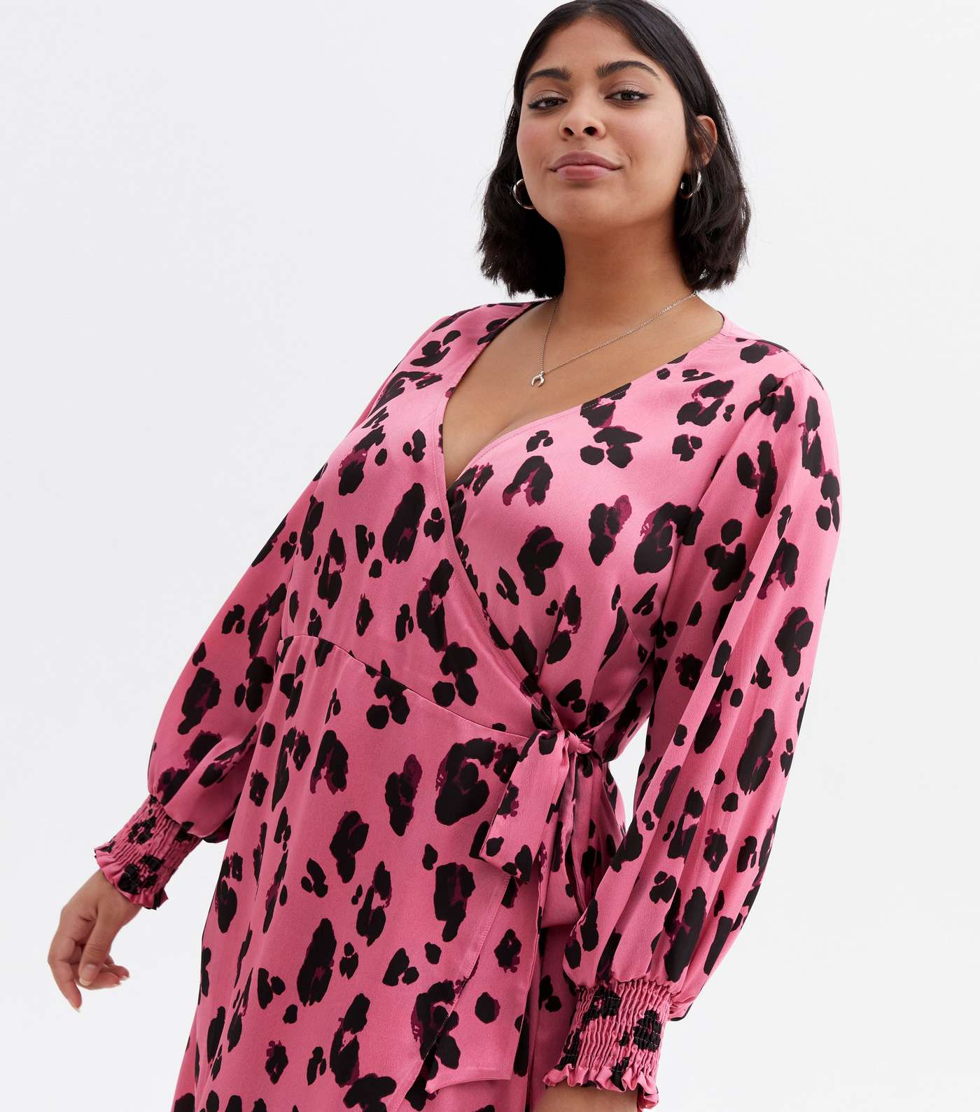 Curves Pink Leopard Print Satin Midi Wrap Dress Image 2