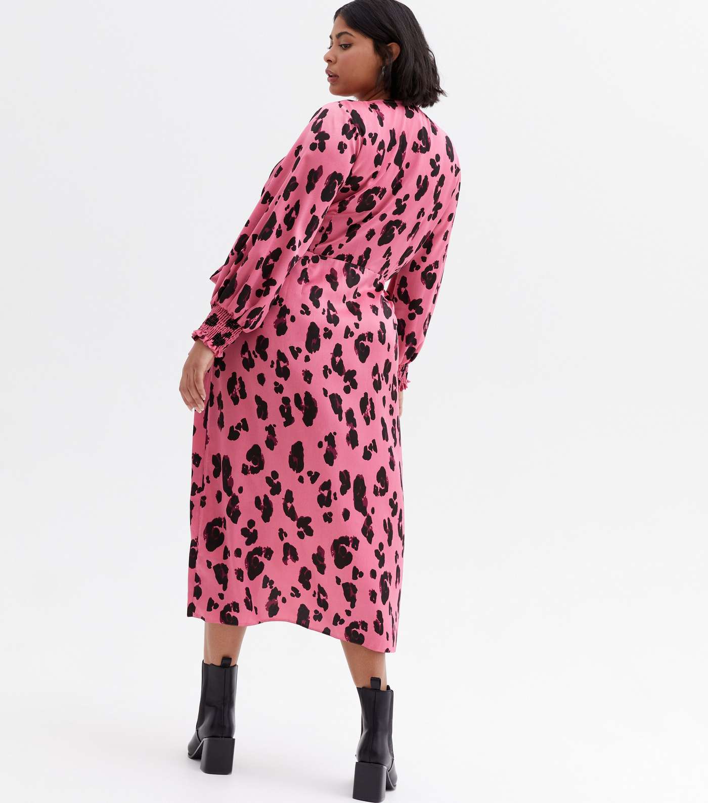 Curves Pink Leopard Print Satin Midi Wrap Dress Image 4