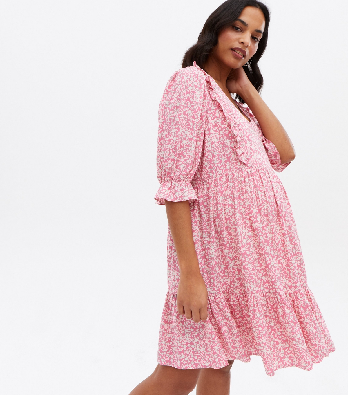 Women's Maternity Pink Floral Frill Nursing Midi Smock Dress New Look