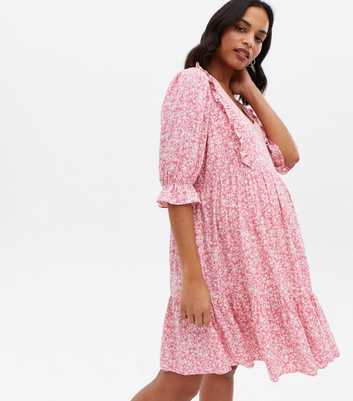 Maternity Pink Floral Frill Nursing Midi Smock Dress