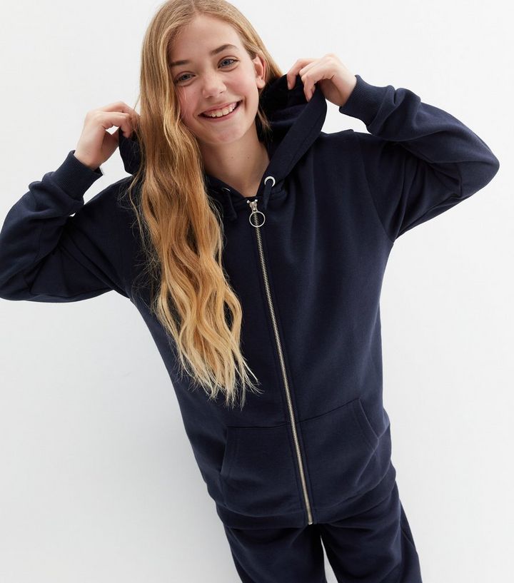 Girls Navy Long Zip Hoodie | New Look