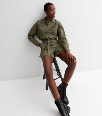 Khaki denim store utility jumpsuit