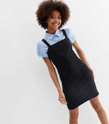 Girls Black Square Neck Pinafore School Dress