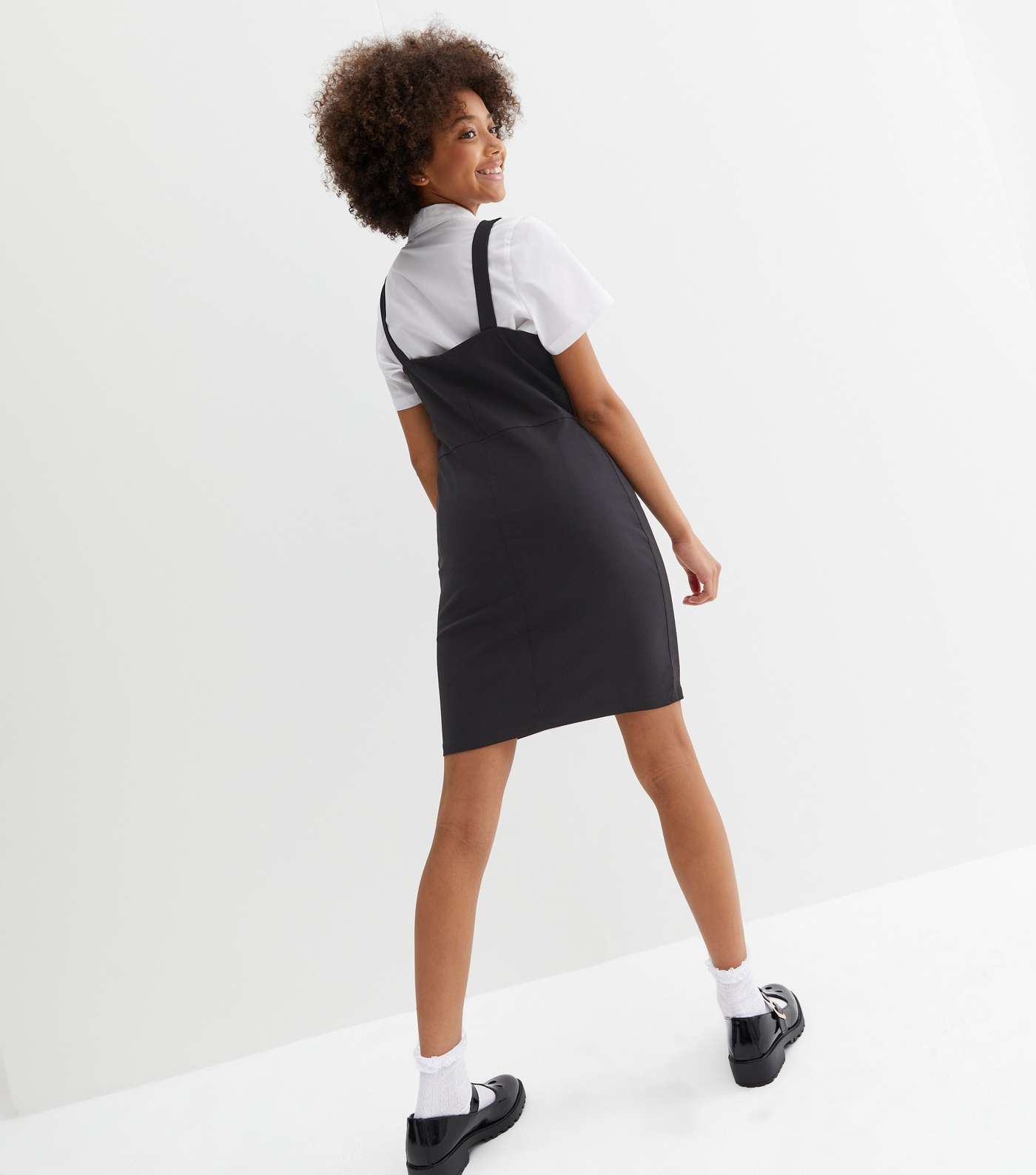 Girls Black Popper Strap Pinafore School Dress Image 4