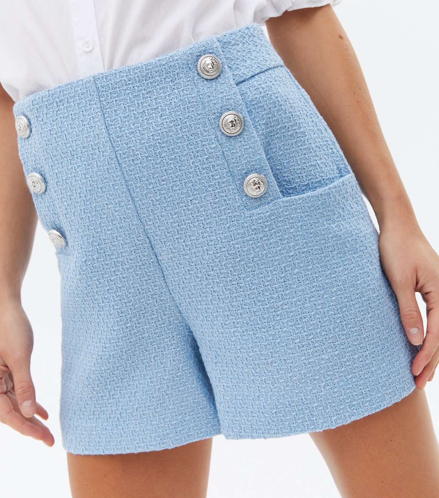Blue Bouclé Button Front Shorts Image 3