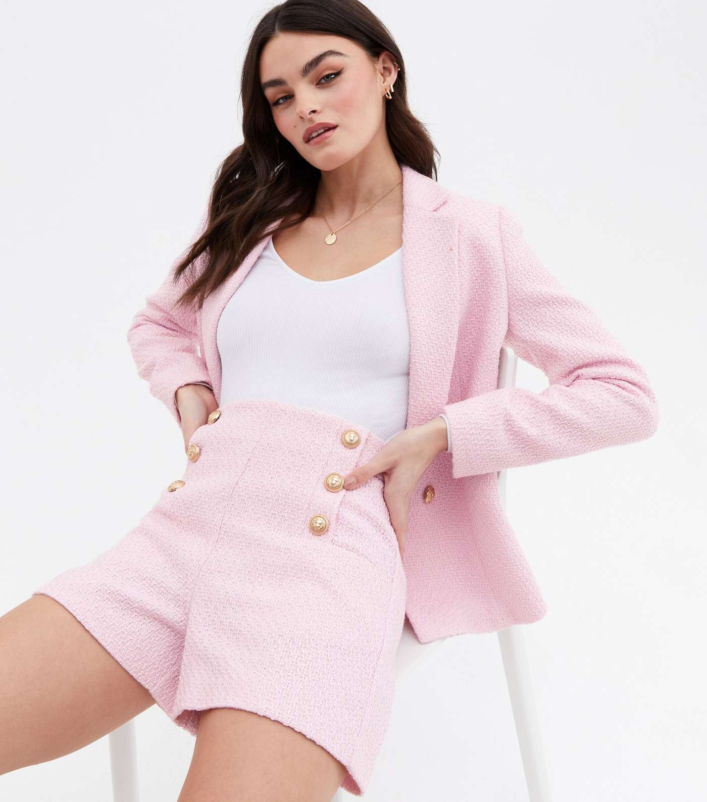 Pink Bouclé Button Front Shorts