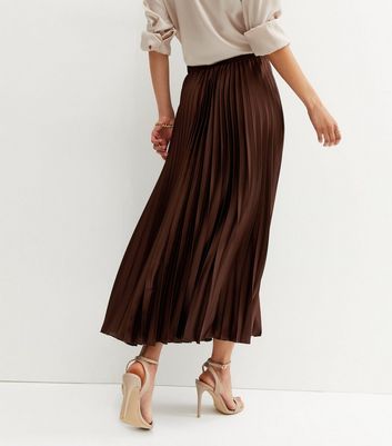 Tall Dark Brown Satin High Waist Pleated Midi Skirt New Look