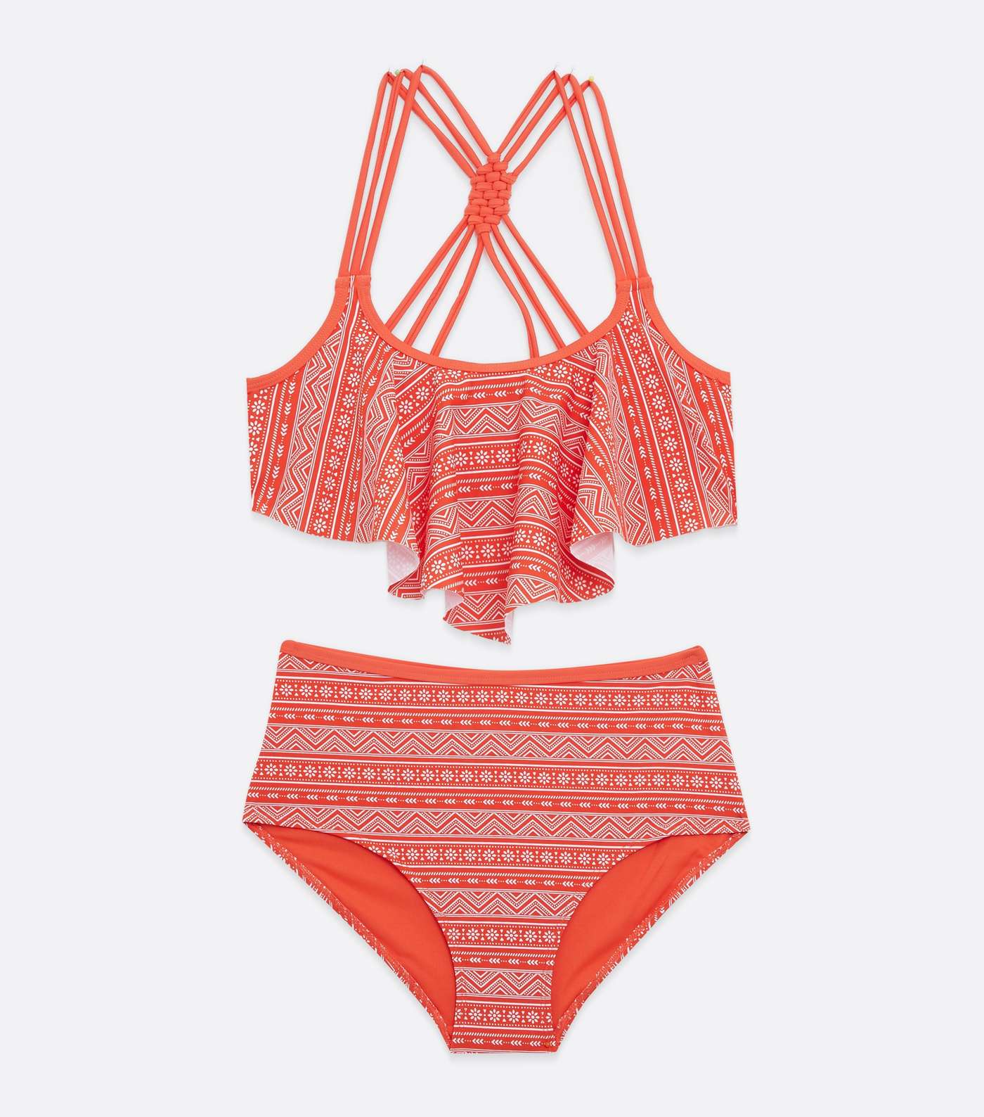 Girls Orange Aztec Frill Bikini Set