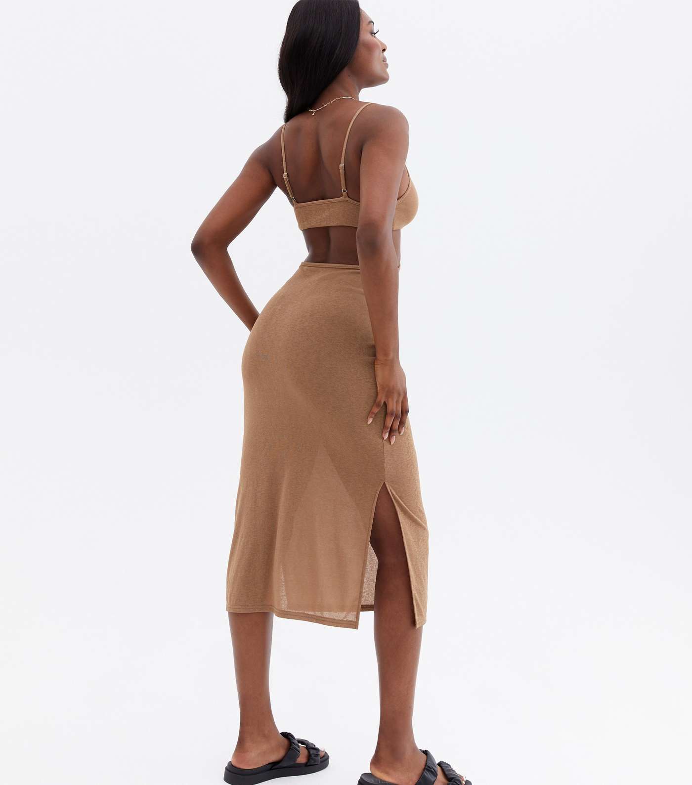 Light Brown Triangle Cut Out Midi Beach Dress Image 4