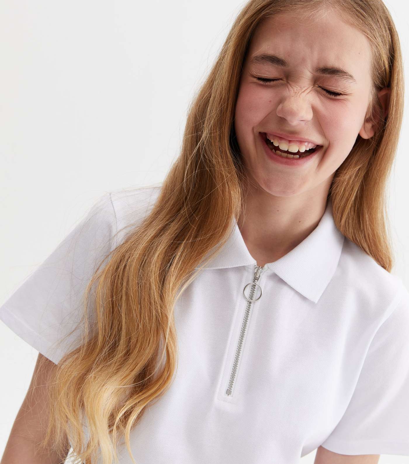 Girls White Piqué Zip Collar Polo School Shirt Image 2
