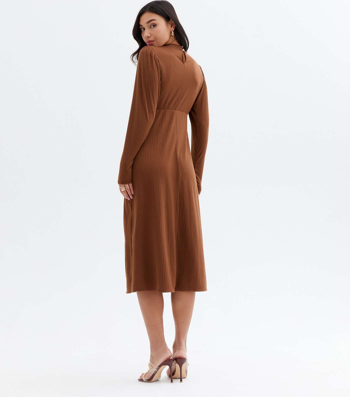 Light Brown Ribbed Keyhole Long Sleeve Midi Dress Image 3