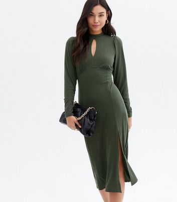 Click to view product details and reviews for Olive Ribbed Keyhole Long Sleeve Midi Dress New Look.