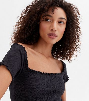 Black Shirred Bardot Crop Top New Look