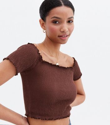 Dark Brown Shirred Bardot Crop Top 