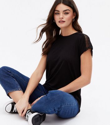 Black Crochet Trim Long T Shirt New Look