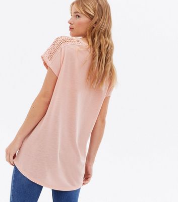 Pink Crochet Trim Long T Shirt New Look