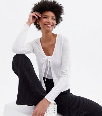 White Pointelle Fine Knit Tie Front 
