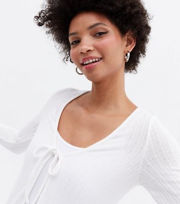 White Pointelle Fine Knit Tie Front 