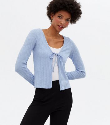 Pale Blue Pointelle Fine Knit Tie Front Cardigan New Look