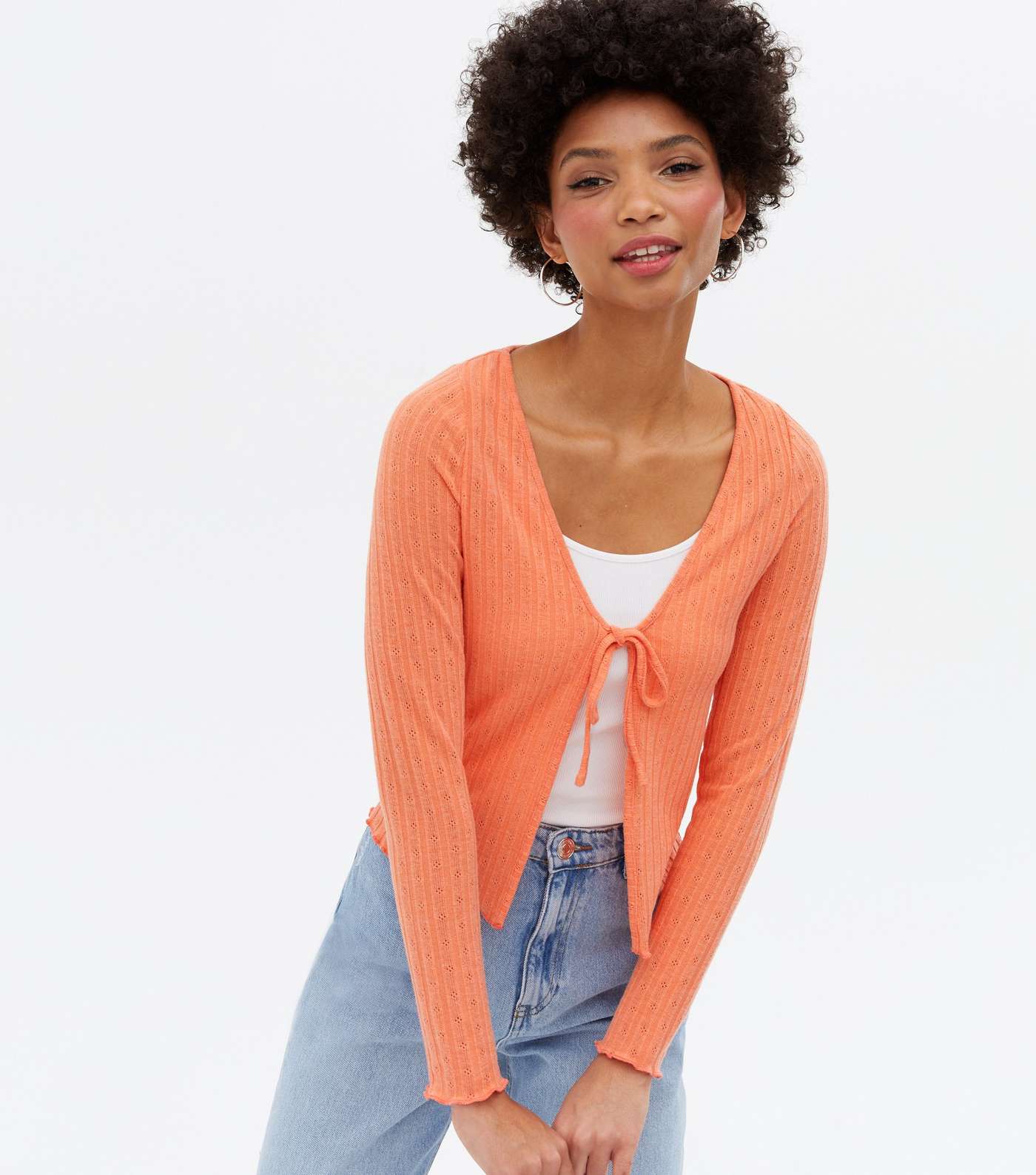 Coral Pointelle Fine Knit Tie Front Cardigan Image 2