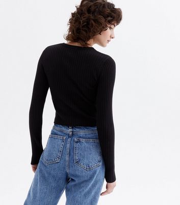 Black Ribbed Crew Neck Crop Jumper New Look