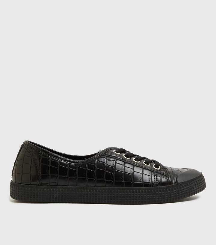 Black Faux Croc Lace Up Trainers