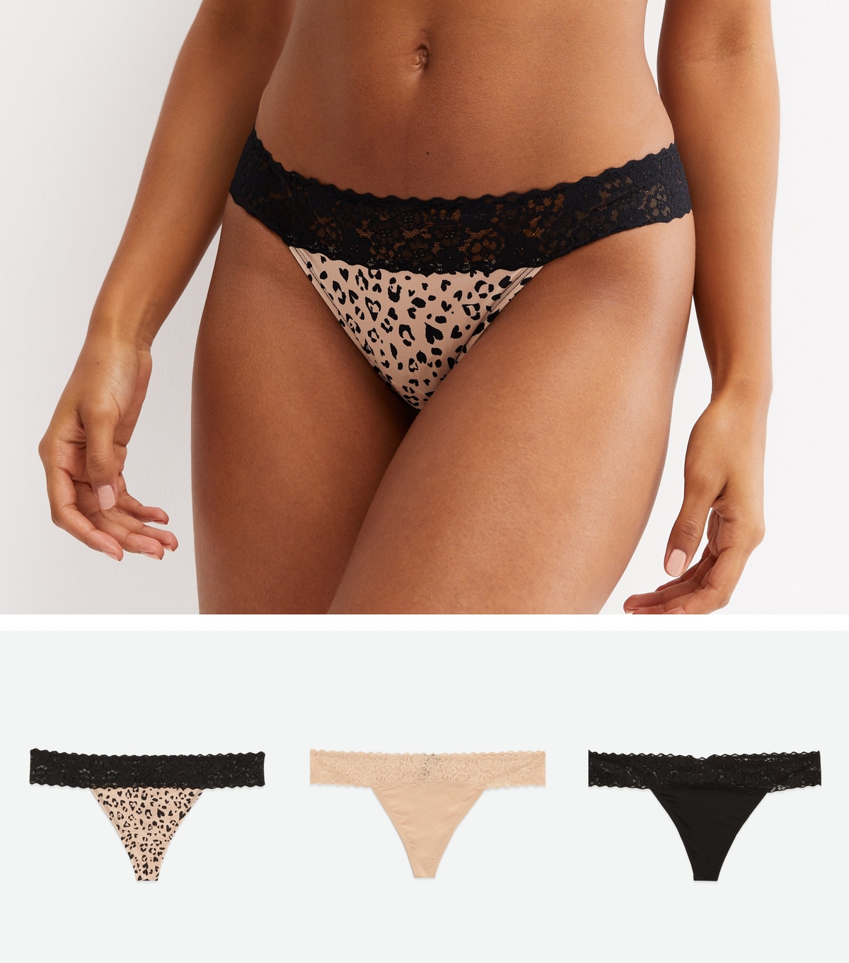 Women's 3 Pack Black and Brown Leopard Print Lace Waist Thongs New Look