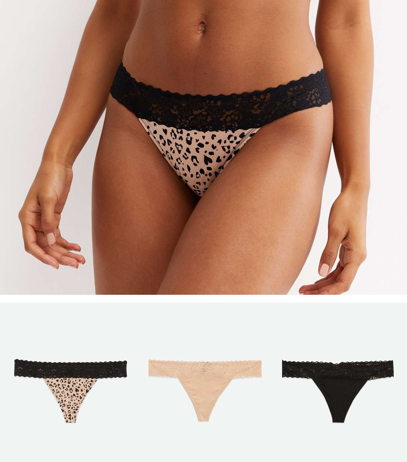 3 Pack Black and Brown Leopard Print Lace Waist Thongs