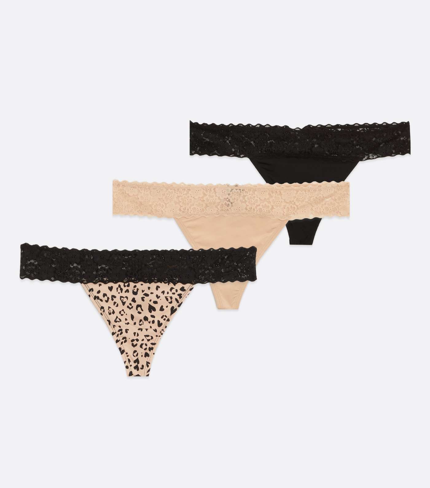 3 Pack Black and Brown Leopard Print Lace Waist Thongs Image 5