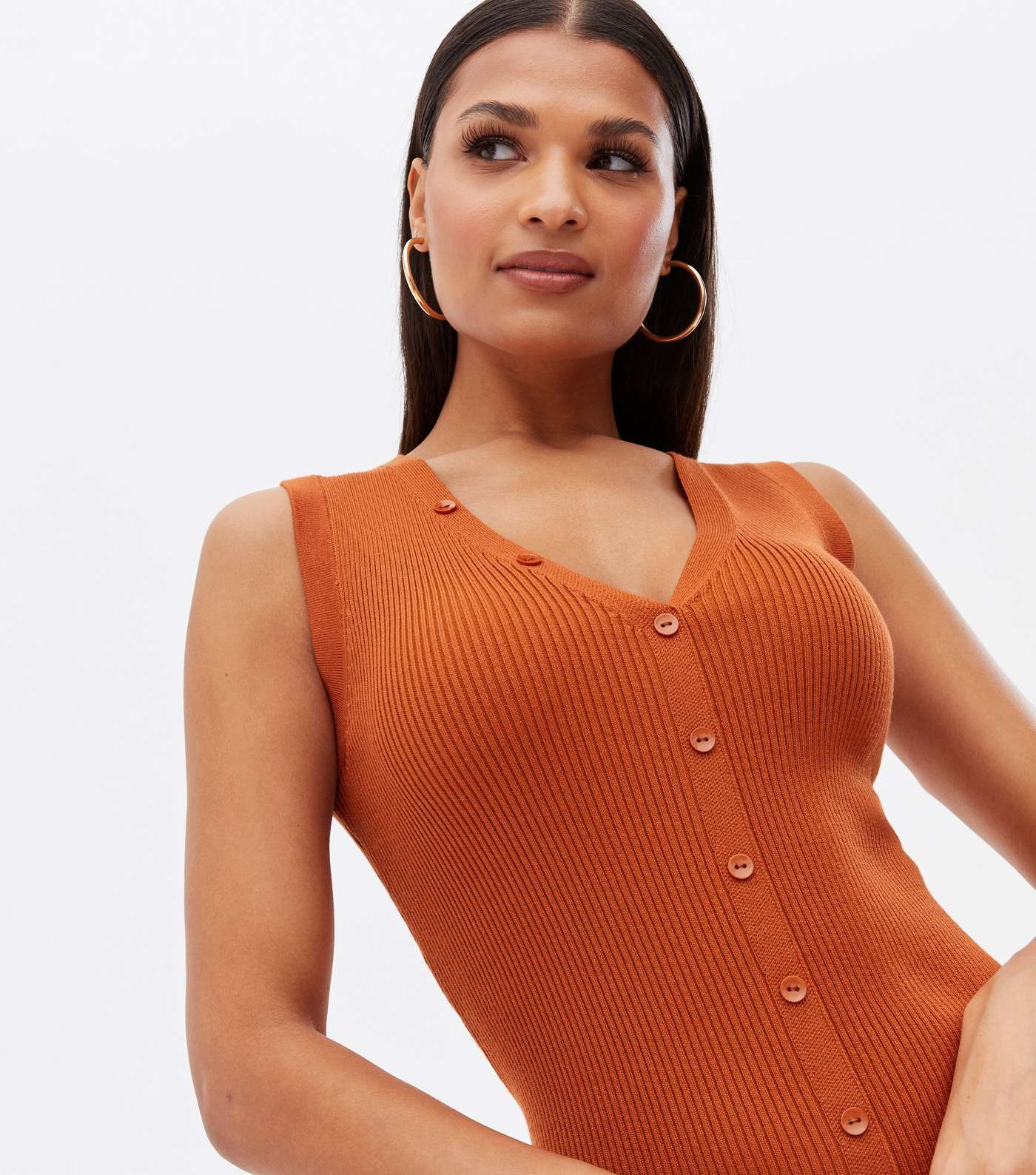 Rust Ribbed Knit Button Bodycon Midi Dress Image 2