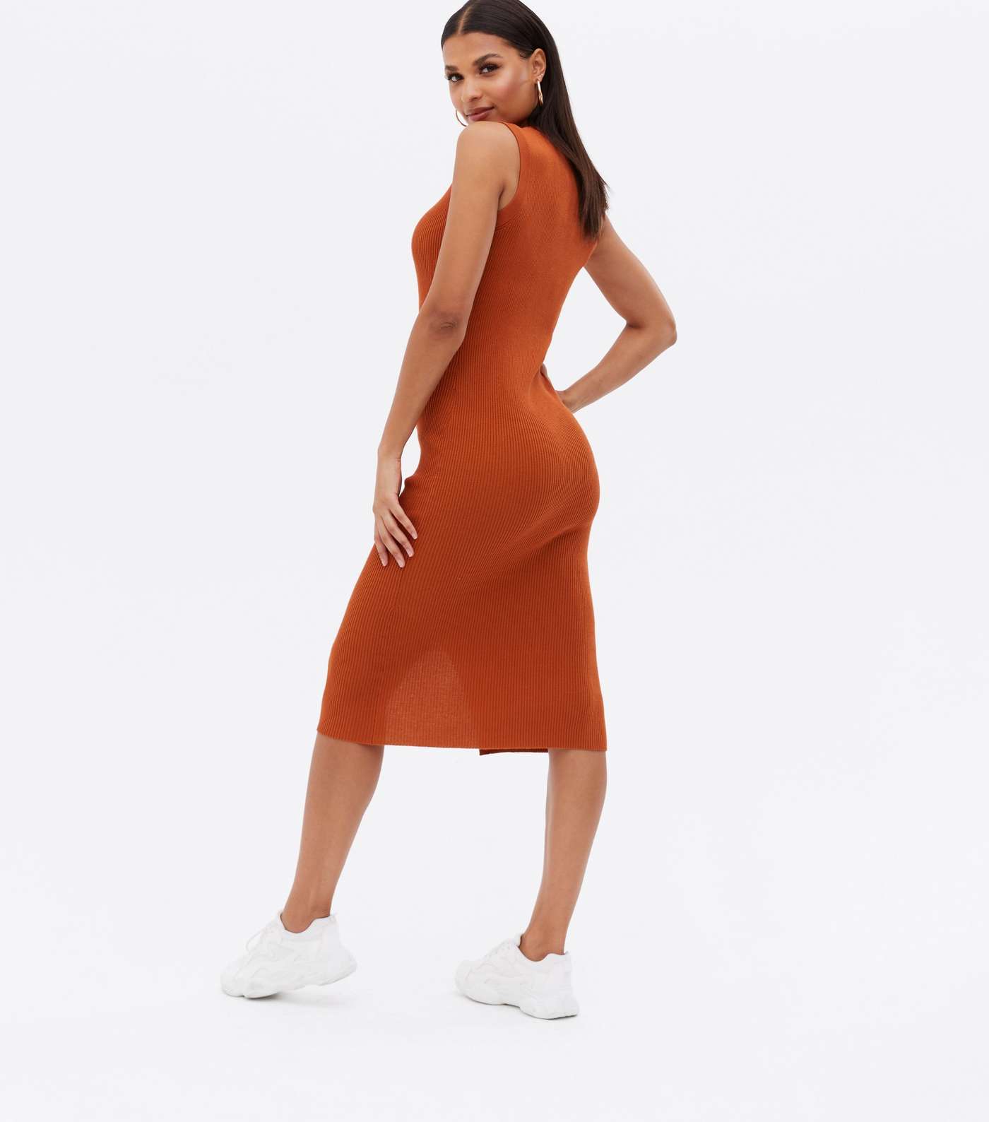 Rust Ribbed Knit Button Bodycon Midi Dress Image 4