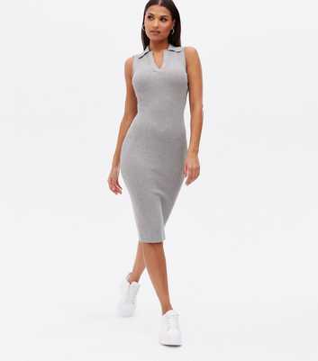 Pale Grey Knit Sleeveless Polo Collared Midi Dress