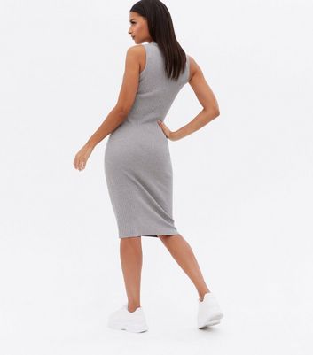 Pale Grey Knit Sleeveless Polo Collared Midi Dress New Look