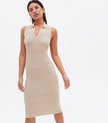 Camel Knit Sleeveless Polo Collared 